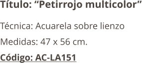 Título: “Petirrojo multicolor” Técnica: Acuarela sobre lienzo Medidas: 47 x 56 cm. Código: AC-LA151